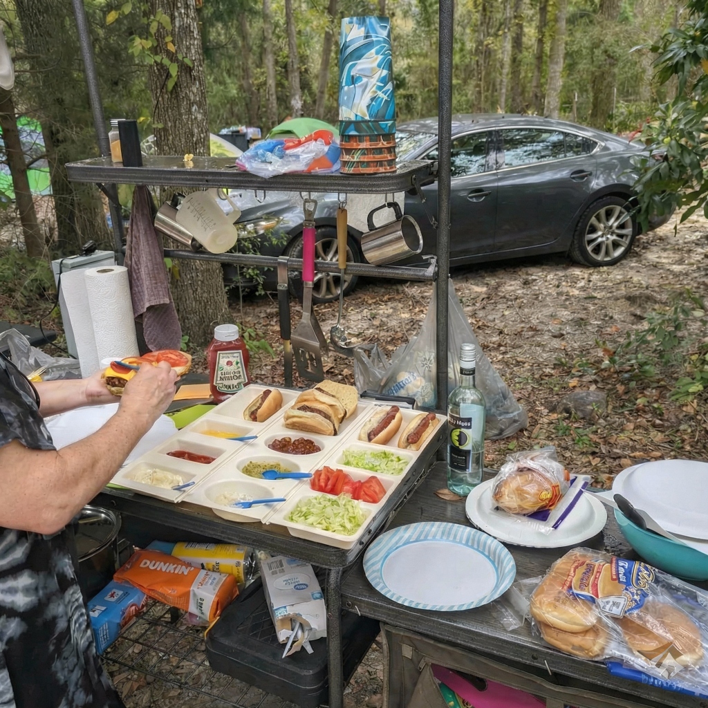 Outdoor camping buffet setup