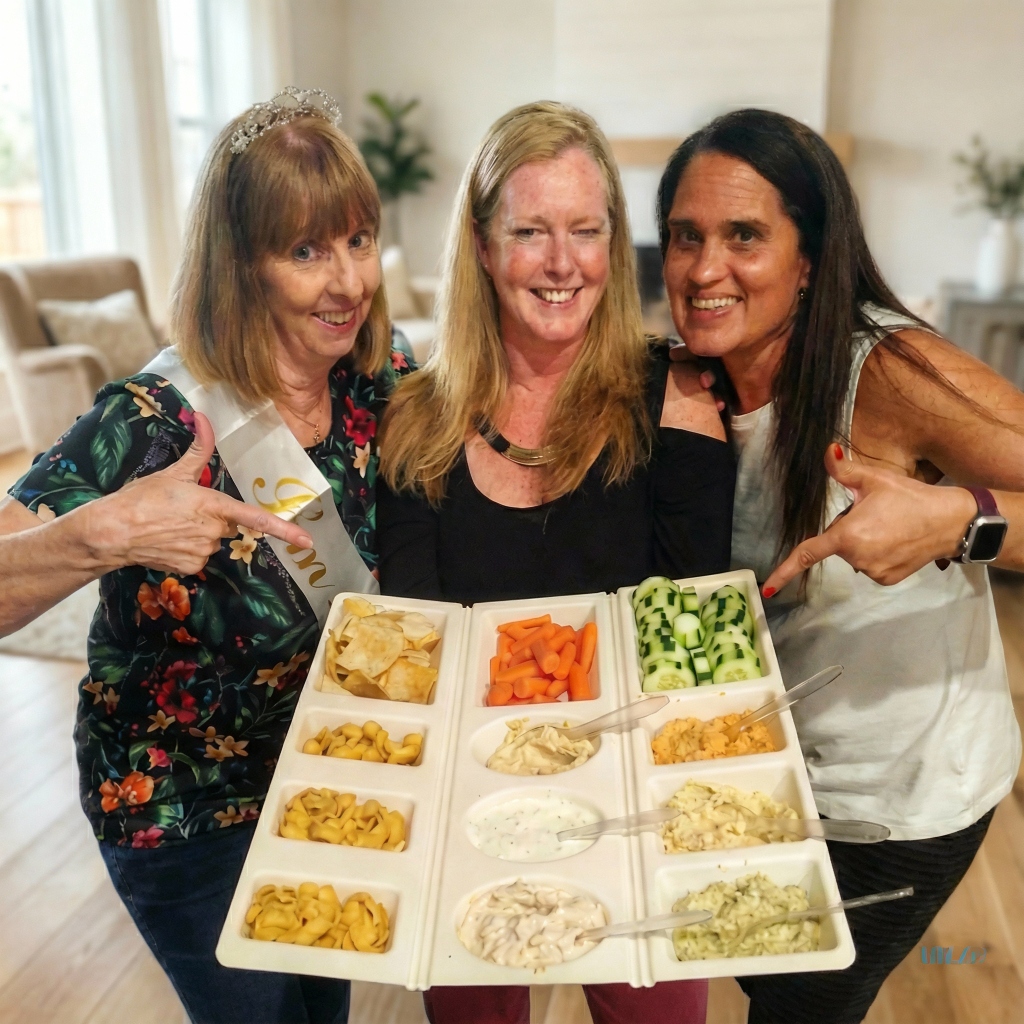 Friends celebrating with a buffet tray