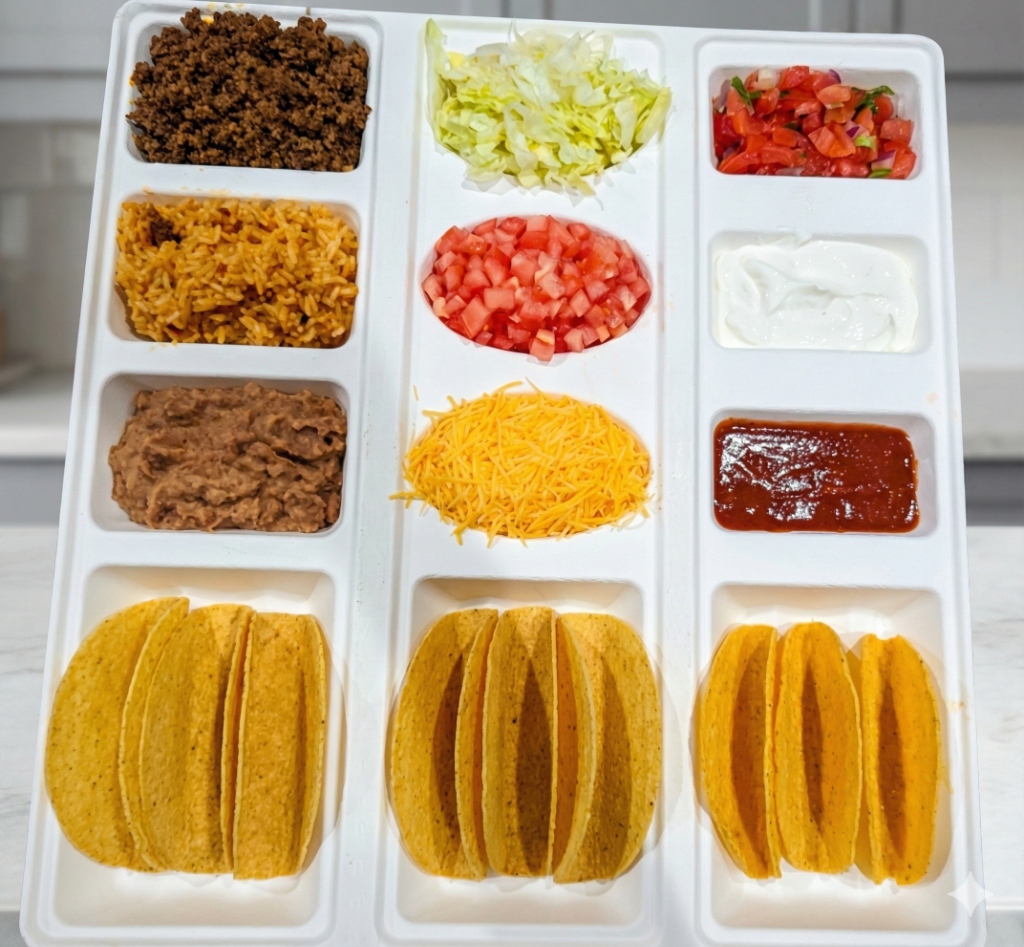 Tri-folded biodegradable buffet tray filled with Mexican food